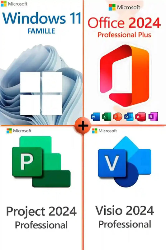 Méga Pack Windows 11 Famille + Office 2024 Pro Plus+ Visio 2024 + Project 2024
